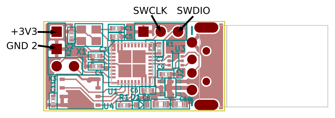 Schéma du FST-01 indiquant les ports de connexion au débogueur SWD