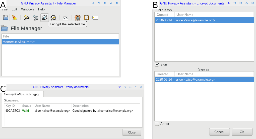 Opérations sur des fichiers avec GNU Privacy Assistant